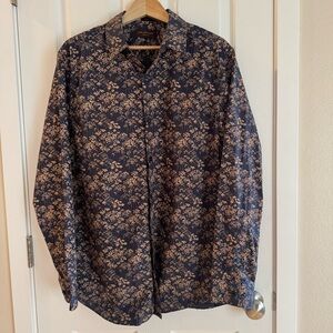 Fairlane & Sons Wrinkle-Free Button Floral Shirt Gold Beige on Navy Men’s Large